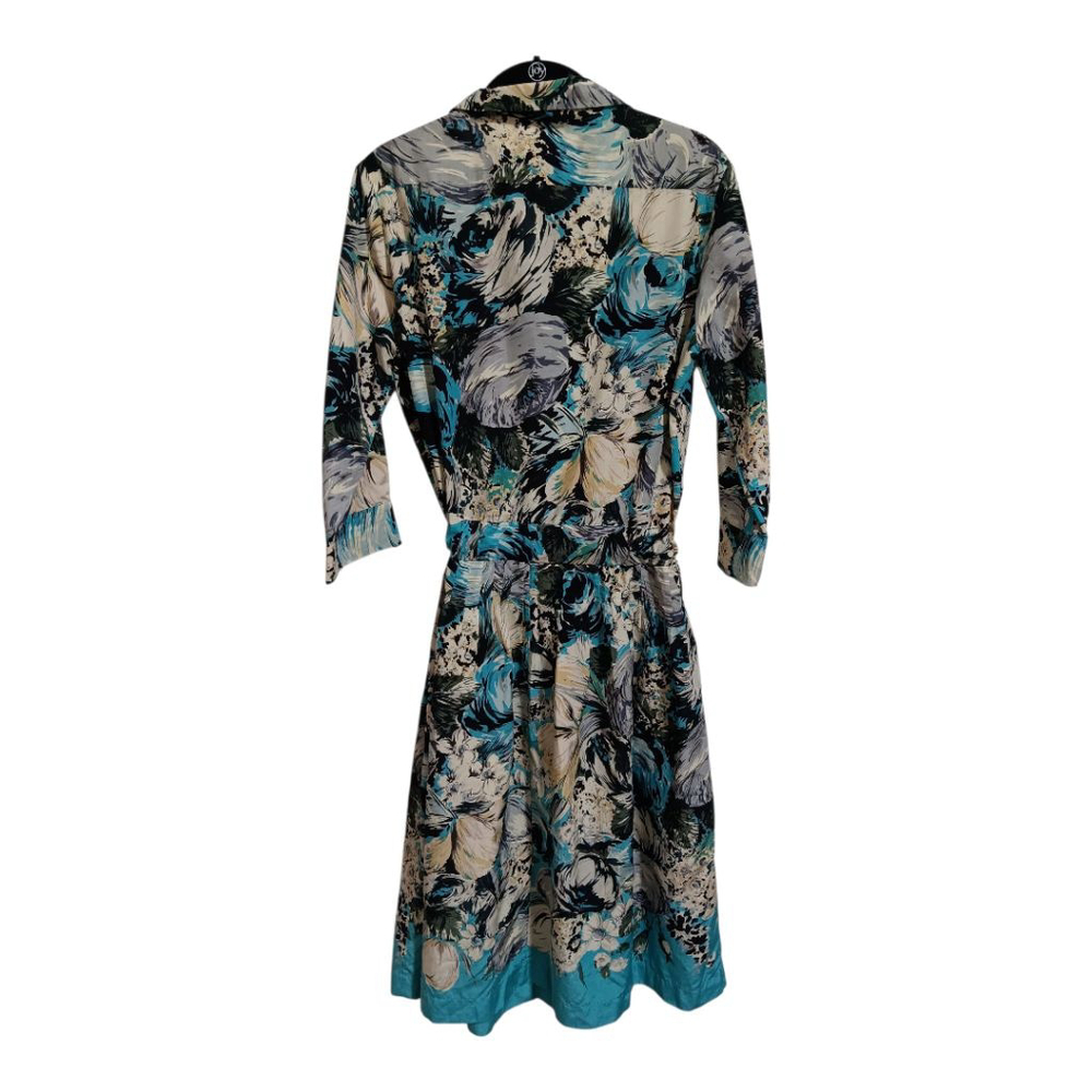 Nicole Farhi Silk Blend Turquoise Floral Button Up Belted Retro Midi Dress - Picture 4 of 16